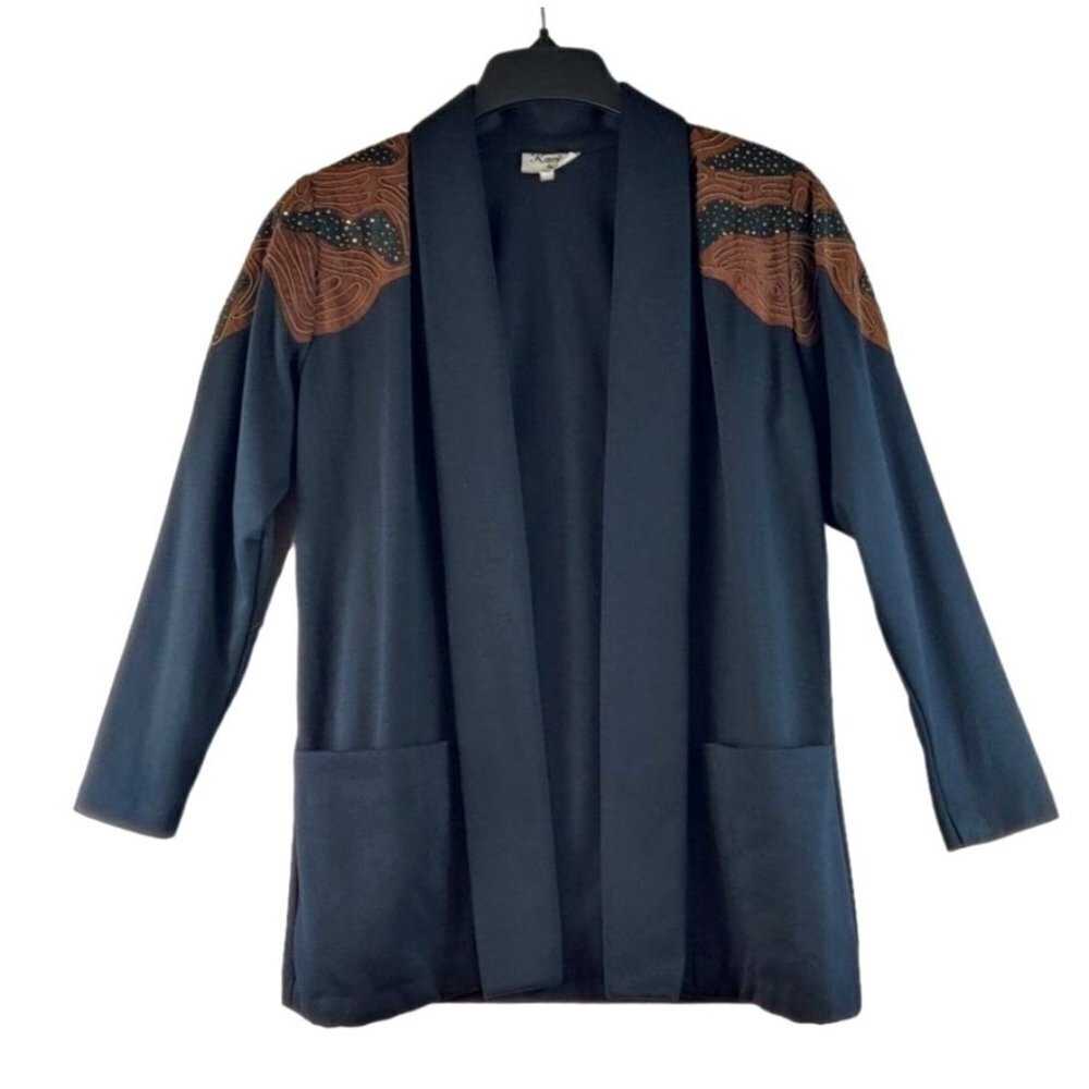 Vtg 80s Black Blazer Leather Shoulder Accent Knit Sz M Karina Open Front Jacket - Picture 10 of 10